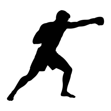 Yumruğun ortasında siyah bir erkek boksör silueti. Boksör şort ve boks eldiveni giyiyor. Vücudu açılı, bir bacağı önde, diğeri arkada, dinamik bir pozisyonda. Silüet düz beyaz bir arkaplan üzerine kurulur.