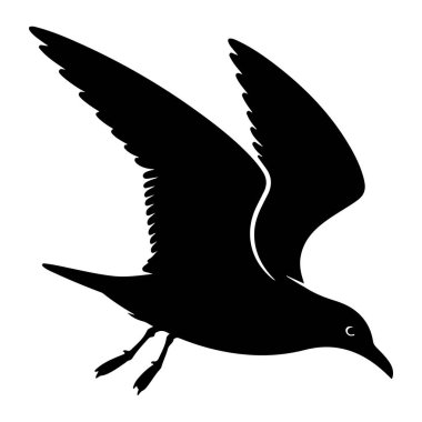 Bir martının katıksız siyah silueti temiz beyaz bir arkaplanda resmedilir. Kuş, kanatlarını tamamen genişletmiş ve hafifçe aşağıya doğru eğilmiş bir şekilde havada yakalanır. Bu da bir dalış ya da alçalma olduğunu gösterir. Vücudu aerodinamik, bacakları ise...