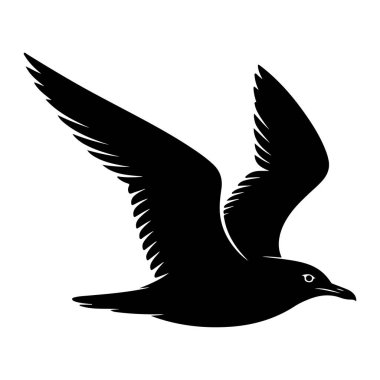 Uçuşun ortasında saf beyaz bir zemine karşı saf siyah bir martı silueti. Kuşun kanatları geniş bir alana yayılmış ve tüyleri detaylı olarak görülebilir. Gövdesi pürüzsüz ve gagası önde, belirgin bir gözle görülüyor. Genel olarak...