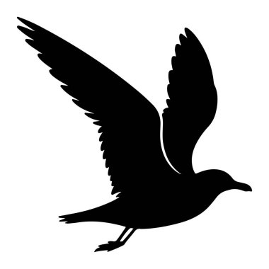 Uçmakta olan bir martının siyah silueti beyaz bir arkaplanda resmedilir. Kuşun kanatları genişçe açılır ve tek tek tüyler açıkça tanımlanır. Vücudu aerodinamik ve bacakları aşağı doğru uzanıyor. Görüntü bir anı yakalar