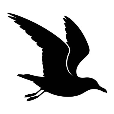 Uçmakta olan bir martının saf siyah silueti, temiz beyaz bir arkaplana karşı resmedilir. Kuşun kanatları tamamen genişleyerek tüylerinin detaylı şeklini ve havada hareket ederken vücudunun dinamik duruşunu gösterir. Bacakları.