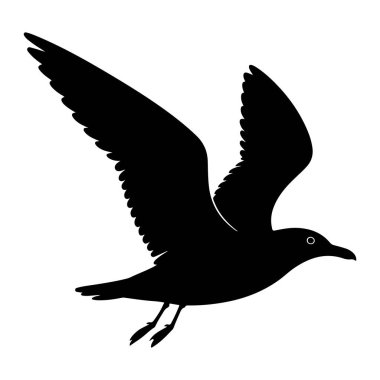 Uçuşun ortasında beyaz bir zemine karşı saf siyah bir martı silueti. Kuşun kanatları tamamen geniştir, geniş açıklıkları ve tüylü kenarları sergilenir. Vücudu aerodinamik, kafası hafifçe sağa dönük.