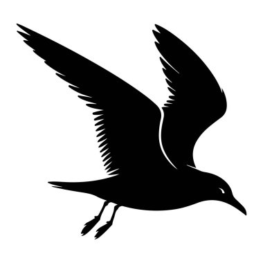 Uçuşun ortasında beyaz bir zemine karşı saf siyah bir martı silueti. Kuşun kanatları tamamen geniştir, geniş açıklıkları ve tüylü kenarları sergilenir. Vücudu aerodinamik ve bacakları hafifçe altına sokulmuş.