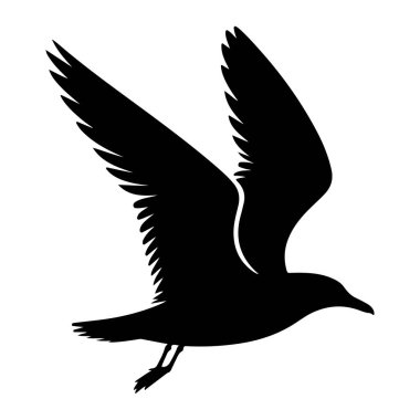 Uçuşun ortasında beyaz bir zemine karşı saf siyah bir martı silueti. Kuşun kanatları tamamen genişlemiş, ayrıntılı tüy yapısını gösteriyor. Vücudu öne doğru açılı, bacakları hafifçe altına sıkışmış, bu da ölü olduğunu gösteriyor.