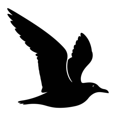 Uçuşun ortasında saf beyaz bir zemine karşı saf siyah bir martı silueti. Kuşun kanatları genişçe açılır ve tüy ayrıntıları siluetin şekline göre incelikle belirtilmiştir. Gövdesi aerodinamik ve gagası sivri.