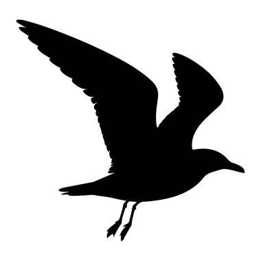 Bir martı kuşunun siyah silueti uçuşun ortasında tasvir edilir. Kanatları genişçe açılır ve birincil tüyleri açıkça tanımlanır. Kuşun vücudu aerodinamik ve ayakları perdeli şekilde aşağıya doğru uzanıyor. Siluet karşımızda duruyor. 