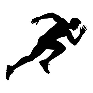 Bir erkek koşucunun siyah silueti dinamik bir duruşta tasvir edilir, orta adımda, sanki koşuyormuş gibi. Şekil yandan gösteriliyor, bir bacağı öne, diğeri arkaya doğru uzanıyor ve hızlı bir hareket hissi veriyor. Kollar Bala için hazır.