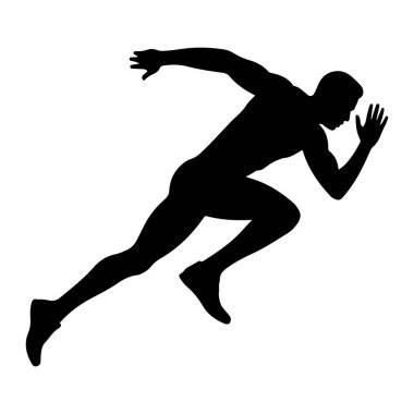 Bir erkek atletin silüeti, dinamik bir koşuda yakalandı. Şekil öne doğru eğiliyor, bir bacağı geriye doğru uzanıyor ve diğeri öne eğiliyor, güçlü bir hareket ve hız hissi veriyor. Kollar olumlu.