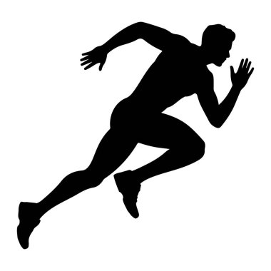 Bir erkek atletin siyah silueti dinamik bir koşu pozisyonunda tasvir edilir. Şekil, bir bacağı ileri, diğer bacağı da geriye doğru bükülmüş bir şekilde orta basamağın ortasında yakalanır. Kollar momentum için konumlandırılmış, biri öne ve diğeri arkaya. Şey...