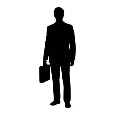 Beyaz arka planda duran bir adamın tüm vücudu siyah bir siluet. Ceketi ve pantolonu olan bir takım elbise giyiyor ve sol elinde bir evrak çantası tutuyor. Silüet temiz ve keskin, belirgin yüz hatları ya da ayrıntıları yok..