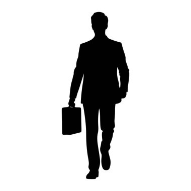 Takım elbiseli ve evrak çantası taşıyan bir adamın siyah silueti beyaz bir zemine doğru yürüyor. Bu figür tepeden tırnağa tasvir edilmiş, takım elbisenin, pantolonun ve ayakkabıların detaylarını gösteriyor, ayrıca dikdörtgen çantanın da.