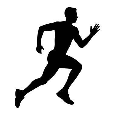Düz beyaz bir arkaplana karşı dinamik bir duruşta yakalanmış, tam bir siyah siluet. Şekil, kas tanımıyla tasvir edilerek bir atletizm duygusu ve ileri momentum iletiliyor. Kollar hazır. 