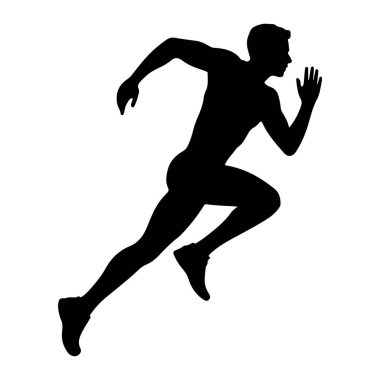 Düz beyaz bir arkaplana karşı dinamik bir duruşla yakalanmış, orta basamaklı bir erkek atletin siyah silüeti. Bu figür, bir bacağı ileri, diğeri geri uzanmış, kolları bükülmüş ve hareket halindedir.