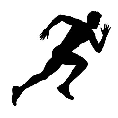 Beyaz bir arkaplana karşı dinamik koşu pozu veren siyah bir atlet silueti. Şekil orta basamakta, bir bacağı önde, diğeri arkada, kolları bükük ve hareket halinde yakalanır. Siluet kas yapısını vurguluyor.