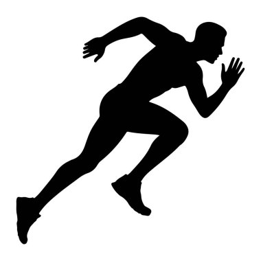 Beyaz bir arka planda orta basamakta koşan siyah bir erkek silueti. Koşucunun vücudu öne doğru açılı, bir bacağı arkaya, diğeri de eğimli, bu da hızlı hareketi gösteriyor. Kolları denge ve itiş gücü için konumlandırıldı.