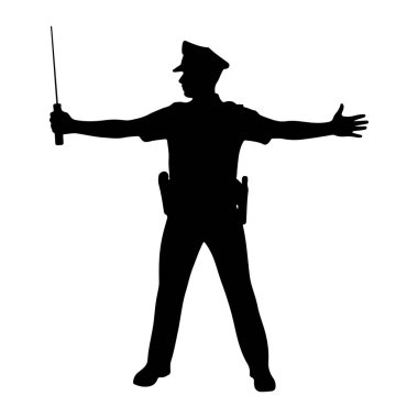 Bir polis memurunun siyah silueti bir elinde sopayla kollarını açmış duruyor. Polis memuru, trafik ve emniyet kemeri takmış bir üniforma giyiyor. Bu da trafik veya kolluk kuvvetlerinde bir rolü olduğunu gösteriyor. Bir w 'ye karşı katıksız karşıtlık