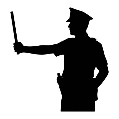 Üniformalı bir polis memurunun silueti. Şapka takıyor ve uzanmış ellerinde değnek tutuyor. Subay, göğüsten yukarıya doğru betimlenmiş ve vücudu hafifçe yana dönmüştür. Kılıflı bir kemer onların vajinasının etrafında görünür.