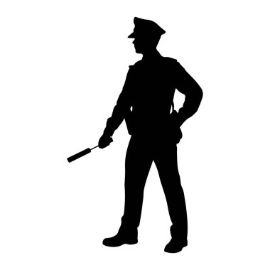 Bir polis memurunun siyah silueti beyaz bir arkaplanda duruyor. Subay şapkalı bir üniforma giyiyor ve sağ elinde bir değnek tutuyor. Sol elleri kalçalarına konur. Siluet keskindir ve açıkça... 