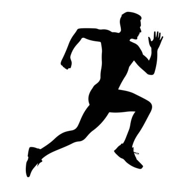 Bir erkek figürünün siyah silueti, beyaz bir arka plana karşı dinamik bir duruşla yakalandı. Şekil, kolları bükük ve bacakları açık bir şekilde tasvir edilerek hız ve atletik hareket hissi uyandırılıyor. Taslak keskindir.