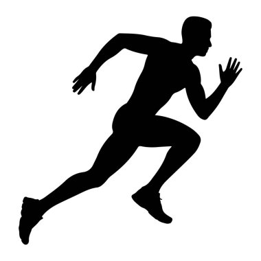 Hızla koşan, orta basamaklı siyah bir erkek atlet silueti. Şekil, dinamik duruşu ve vücut hatlarını vurgulayan düz beyaz bir arkaplan üzerine resmedilmiştir. Kollar bükülür ve momentum için konumlandırılır, bacaklar ise
