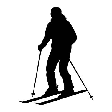 Beyaz arka planda kayak yapan bir kişinin siyah silueti tasvir edilir. Kayakçı kışlık giysiler giyiyor ve kayak direkleri tutuyor. Kayaklar ayaklarının altında görünüyor, hareket ettiklerini gösteriyor. Görüntü basit, grafik bir gösterim.