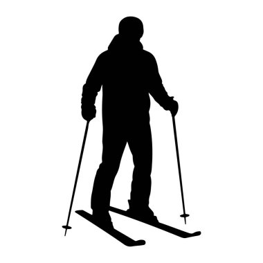 Kask, ceket, pantolon, kayak takımları ve kayak sopaları da dahil olmak üzere kayak kıyafeti giyen birinin siyah silueti. Kayakların üzerinde duran figür, kayak direklerini iki yana yerleştiriyor. Siluet beyaz bir bala karşı izole edilmiştir.