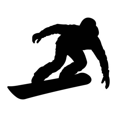 Bir snowboardcunun hareket halindeki siyah silueti, bir snowboard 'un ortasında yakalandı. Şekil, bir ceket ve eldiven de dahil olmak üzere kışlık giysiler giyiyor ve viraja doğru eğiliyor. Arkaplan katı beyaz, b 'nin katıksız kontrastını vurguluyor