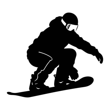 Beyaz arka planda snowboard yapan birinin siyah silueti tasvir edilir. Snowboard sporcusu dinamik bir pozda, havada gibi görünüyor ya da bir dönüş yapıyor. Kask ve gözlük takıyorlar ve kıyafetleri de kış sporları olduğunu gösteriyor.
