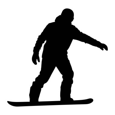 Snowboard yapan birinin siyah silueti. Snowboard sporcusu kapüşonlu ceket ve eldiven de dahil olmak üzere kışlık giysiler giyiyor ve bir snowboard üzerinde dinamik bir poz içinde yakalandı. Resim beyaz bir arkaplanda izole edilmiştir.