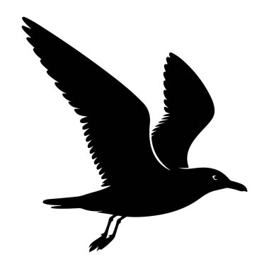 Uçuşun ortasında beyaz bir zemine karşı saf siyah bir martı silueti. Kuşun kanatları genişçe açılır ve uçlarındaki tüylerin detaylarını gösterir. Vücudu profilde, belirgin bir gagası ve görünür bir gözü var. Bacakları ve pençeleri...