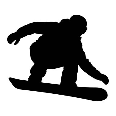 Bir snowboardcunun tipik siyah silueti, beyaz bir arka plana karşı eylemde. Bu figür dinamik bir pozda yakalanır, ya bir dönemece yönelir ya da snowboard 'larına atlarlar. Ana hatları açıkça snowboardcunun kıyafetlerini tanımlıyor.