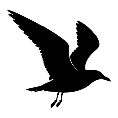 Uçuşun ortasında saf beyaz bir zemine karşı saf siyah bir martı silueti. Kuşun kanatları geniş bir alana yayılmış ve tüyleri detaylı olarak görülebilir. Vücudu, sivri bir gagası ve perdeli ayakları olan sallanan bacakları ile aerodinamik bir yapıya sahiptir. Poz şekeri.