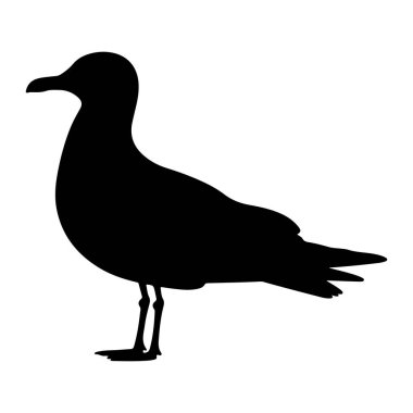 Bir martının katıksız siyah silueti temiz beyaz bir arkaplanda resmedilir. Profilde gösterilen kuş perdeli ayaklarıyla iki ince bacağın üzerinde duruyor. Vücudu dolgun, boynu sivri bir gagaya doğru kıvrılmış. Kanatlar sıkıştı.