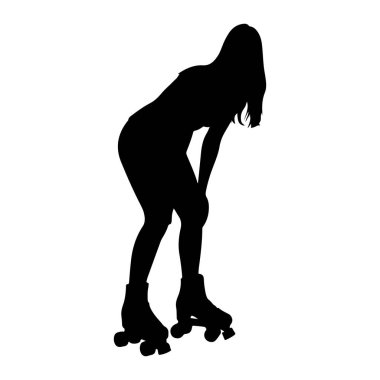Beyaz arka planda paten giyen bir kadının siyah silueti tasvir ediliyor. O, elleri dizlerinin üzerinde dinlenerek öne eğildi. Onun uzun saçları sırtından aşağı akıyor. Patenlerin her birinin dört tekerleği var..