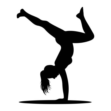 Bir kadının siyah silueti beyaz bir arka plana karşı dinamik bir amuda kalkarak yakalanır. Vücudu ters dönmüş, tek eliyle destekleniyor, bacakları yukarı doğru uzanıyor ve dizleri bükülüyor. Saçları at kuyruğu şeklinde, aşağı doğru kıvrılıyor.