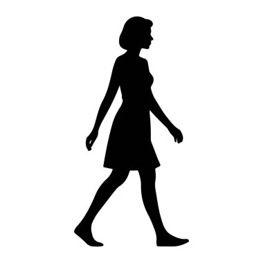 Bir kadının siyah silueti yandan öne doğru yürürken tasvir edilir. Onun kısa saçları var ve belden alevlenen bir elbise giyiyor. Hareket ederken kolları hafifçe uzanıyor. Arkaplan düz beyaz, figürü izole ediyor..