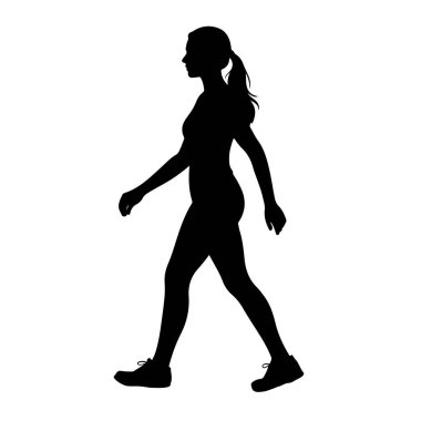 Profilde siyah siluet bir kadın bembeyaz arka planda soldan sağa doğru yürürken tasvir ediliyor. Saçını at kuyruğu yapmış ve atletik ayakkabılar giyiyor. Kolları doğal bir şekilde yürüme pozisyonunda ve vücudu açılı.