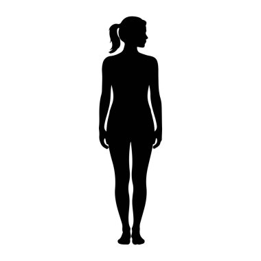 Siyah bir siluet. Vücudu öne dönük duran ve başı sağa dönmüş bir kadın. Saçını at kuyruğuyla arkaya çektiriyor. Arkaplan beyaz.