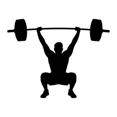 Çömelme pozisyonunda siyah bir siluet, kolları açık bir halteri yukarıda tutuyor. Şekil kaslı ve halter egzersizinde gibi görünüyor. Arka plan düz beyaz, koyu renk silueti vurguluyor.