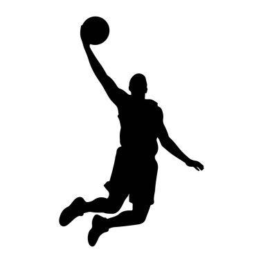 Bir basketbol oyuncusunun siyah silueti havada yakalanıyor ve smaç basıyor. Oyuncu, bir kolu basketbol topunu tutarak yukarı doğru uzanıyor, diğer kolu denge için uzanıyor. Bacakları bükülmüş, bu da güçlü bir sıçramayı gösteriyor.