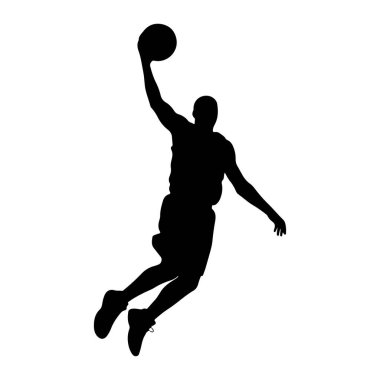 Bir basketbol oyuncusunun siyah silueti, basketbol topunu batırırken havada yakalanır. Oyuncu atletik şort ve forma giyiyor, bir kolu yukarı doğru uzatılmış, diğer kolu ise denge için dışa doğru uzanıyor..