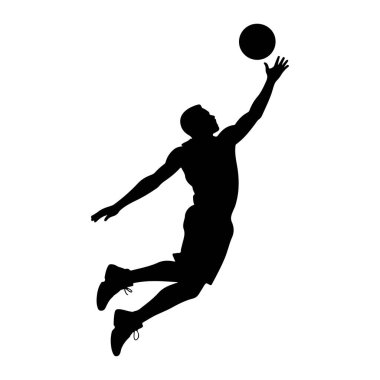 Bir erkek basketbolcunun siyah silueti havada yakalanır, sağ eliyle yukarı doğru bir basketbol topuna uzanır. Oyuncu şort ve spor ayakkabıları giyiyor, vücudu dinamik bir açıyla sanki smaç basıyormuş gibi.