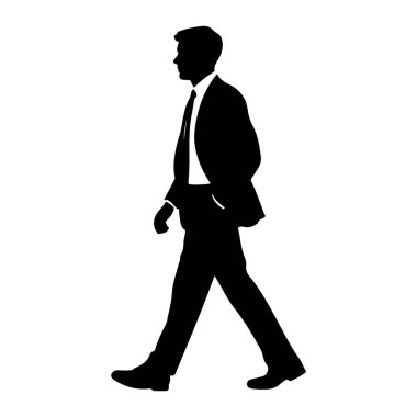Takım elbiseli bir adamın siyah silueti beyaz bir arkaplanda soldan sağa doğru yürürken resmedilir. O bir ceket, pantolon, bir gömlek ve bir kravat giyiyor. Sol bacağı öne doğru, sağ bacağı da arkaya doğru uzamış. Bu da hareketi gösteriyor. Onun...