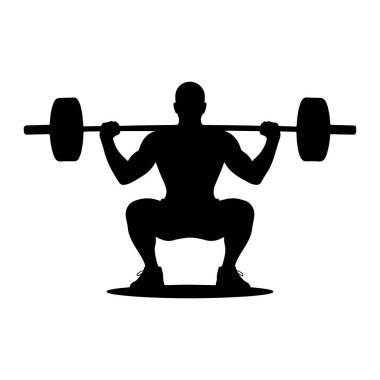 Halter çökerken siyah bir siluet. Şekil, sırtlarının üst kısmında ve omuzlarında bir halterle çömelmiş vaziyette duruyor. Siluet, egzersizin biçimini ve eylemini vurgulayan beyaz bir arkaplana karşı katıdır.
