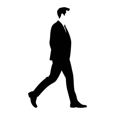 Takım elbiseli ve kravatlı bir adamın siyah silueti beyaz bir arkaplanda soldan sağa doğru yürürken resmedilir. Şekil profilden gösteriliyor, bir bacağı öne doğru uzanıyor, diğeri de arkaya doğru uzanıyor, bu da hareketi gösteriyor. Ceket, pantolon.