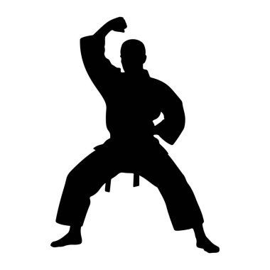 Dövüş sanatları üniformalı bir kişinin siyah silueti, muhtemelen kemerli bir kız, dinamik bir dövüş duruşu içinde yakalanır. Şeklin sol kolu çarpıcı bir şekilde kaldırılırken, sağ kolu dirsekten bükülüp geri çekiliyor. Bacakları açık.
