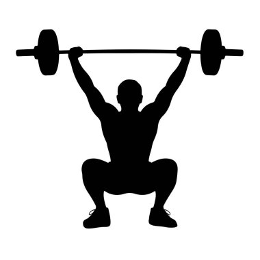 Siyah bir siluet, uzanmış kollarıyla bir halteri yukarıda tutarak çömelmiş bir pozisyonda bir kişiyi tasvir eder. Beyaz arkaplana karşı simsiyah bir figür, ağırlık kaldırmanın biçimini ve hareketini vurguluyor. Halterin üzerinde ağırlık plakası var.