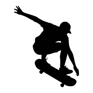 Kaykaylı bir kişinin siyah bir silueti havada bir numara yaparken yakalanır. Kaykaycı denge için kollarını uzatmış bir başlık, tişört ve şort giyiyor. Görüntü net, siyah figür karşı karşıya.
