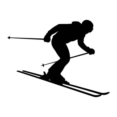 Hareket halindeki bir kayakçının siyah bir silueti yamaçtan iniyor. Kayakçı kayak kıyafeti giyiyor ve kayak direkleri tutuyor. Kayaklar açılı, hareket var. Resim beyaz bir arkaplanda izole edilmiştir.