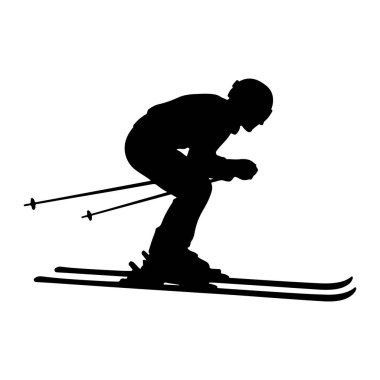 Siyah bir siluet eğilmiş bir pozisyonda bir kayakçının yamaçtan inişini tasvir eder. Kayakçı bir kask ve gözlük takıyor ve kayak direkleri tutuyor. Kayaklar kayakçının botlarının altında görünür. Resim beyaz bir arkaplanda izole edilmiştir.
